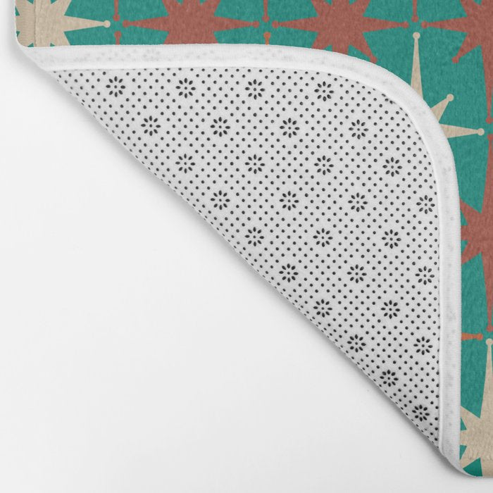 Atomic Age Retro Starburst Mid-century Modern Pattern in Mid Mod Orange, Beige, and Teal Bath Mat Gallery Image 2