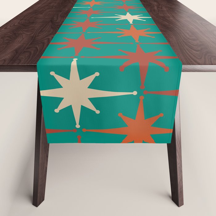 Atomic Age Retro Starburst Mid-century Modern Pattern in Mid Mod Orange, Beige, and Teal Table Runner Gallery Image 1