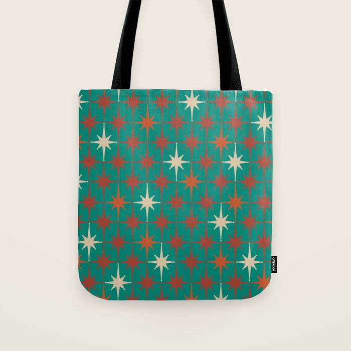 Atomic Age Retro Starburst Mid-century Modern Pattern in Mid Mod Orange, Beige, and Teal Tote Bag Gallery Image 1