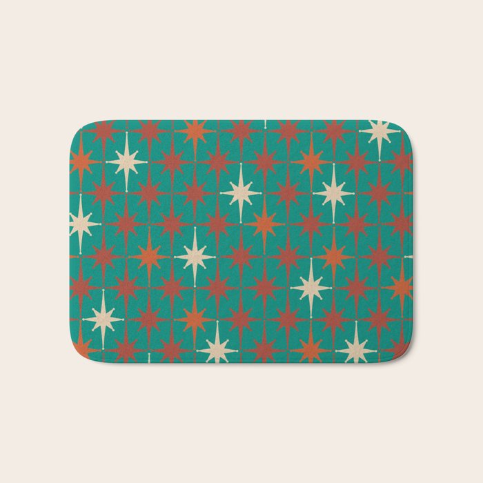 Atomic Age Retro Starburst Mid-century Modern Pattern in Mid Mod Orange, Beige, and Teal Bath Mat Gallery Image 1