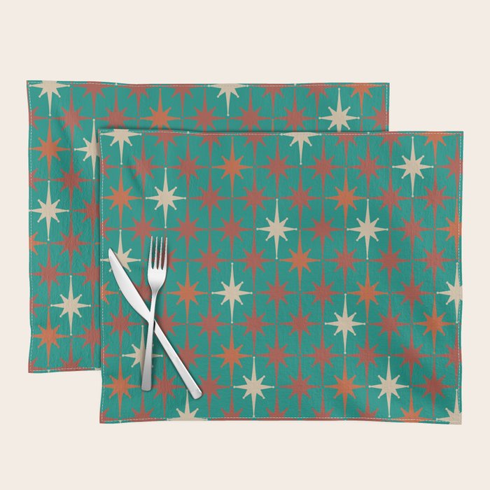 Atomic Age Retro Starburst Mid-century Modern Pattern in Mid Mod Orange, Beige, and Teal Placemat Gallery Image 1