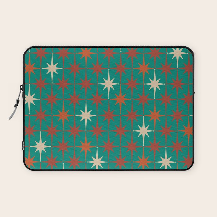 Atomic Age Retro Starburst Mid-century Modern Pattern in Mid Mod Orange, Beige, and Teal Laptop Sleeve Gallery Image 1
