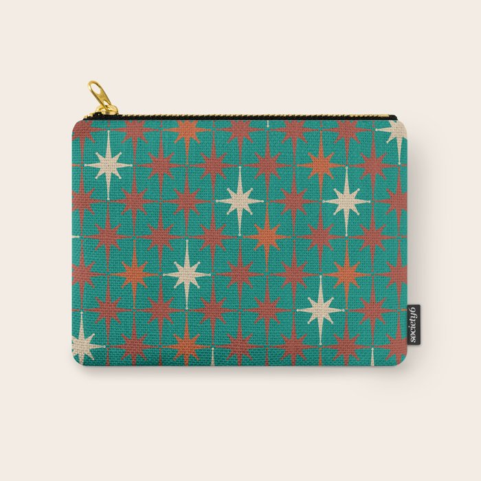 Atomic Age Retro Starburst Mid-century Modern Pattern in Mid Mod Orange, Beige, and Teal Carry All Pouch Gallery Image 1