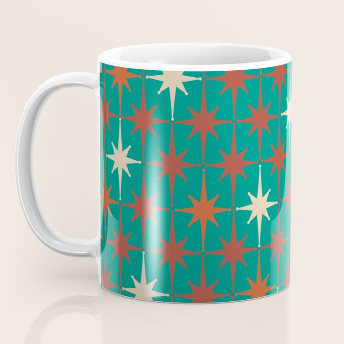 Atomic Age Retro Starburst Mid-century Modern Pattern in Mid Mod Orange, Beige, and Teal Coffee Mug Gallery Image 3