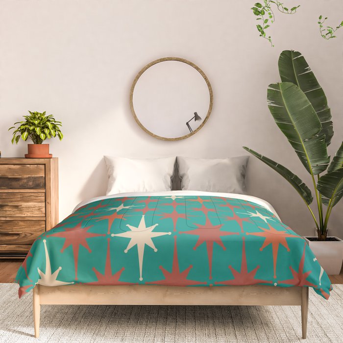 Atomic Age Retro Starburst Mid-century Modern Pattern in Mid Mod Orange, Beige, and Teal Comforter Gallery Image 3