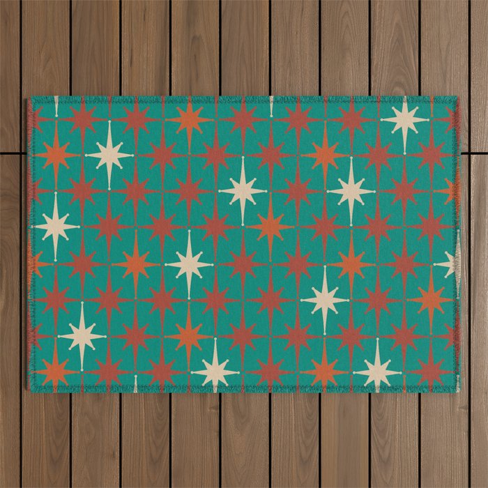 Atomic Age Retro Starburst Mid-century Modern Pattern in Mid Mod Orange, Beige, and Teal Outdoor Rug Gallery Image 1