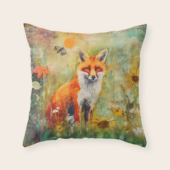 Colorful Wild Fox Indian Summer Woodland Flora And Wildlife Throw Pillow Gallery Image 1