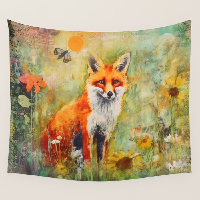 Colorful Wild Fox Indian Summer Woodland Flora And Wildlife Wall Tapestry Gallery Image 1