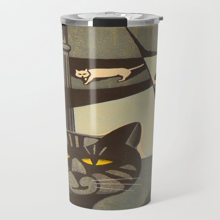 Inagaki Tomoo Vintage Japanese Woodblock print mid century Modern Cubism Art Cats Feline Travel Mug Gallery Image 1