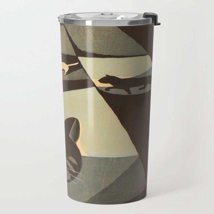 Inagaki Tomoo Vintage Japanese Woodblock print mid century Modern Cubism Art Cats Feline Travel Mug Gallery Image 2