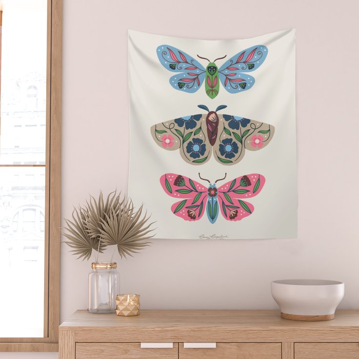 Folk Floral Moths and Butterflies Multicolored Wall Tapestry Gallery Image 2