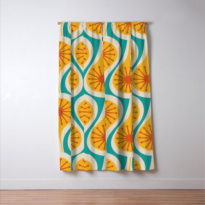 Mid Century Modern Atomic Drops Retro Pattern Turquoise Yellow Orange Window Curtain Gallery Image 3