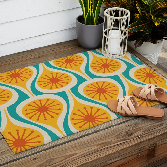 Mid Century Modern Atomic Drops Retro Pattern Turquoise Yellow Orange Outdoor Rug Gallery Image 2