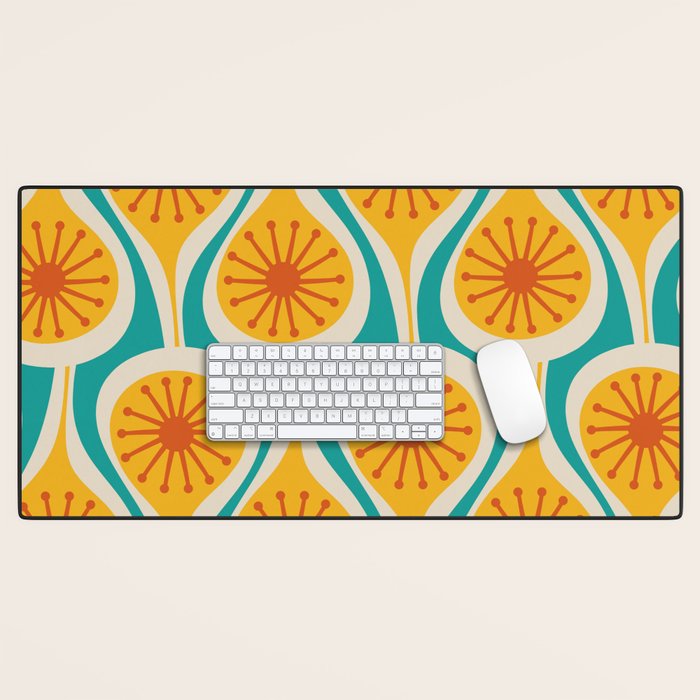 Mid Century Modern Atomic Drops Retro Pattern Turquoise Yellow Orange Desk Mat Gallery Image 1