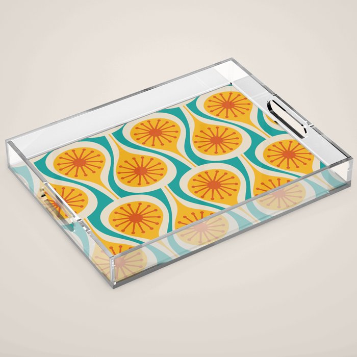 Mid Century Modern Atomic Drops Retro Pattern Turquoise Yellow Orange Acrylic Tray Gallery Image 1