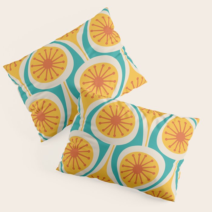 Mid Century Modern Atomic Drops Retro Pattern Turquoise Yellow Orange Pillow Sham Gallery Image 1
