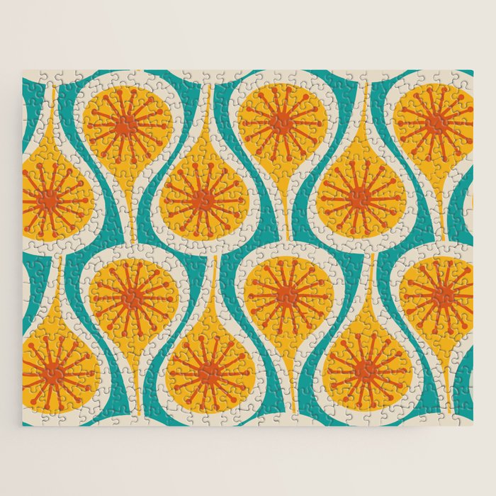 Mid Century Modern Atomic Drops Retro Pattern Turquoise Yellow Orange Jigsaw Puzzle Gallery Image 1
