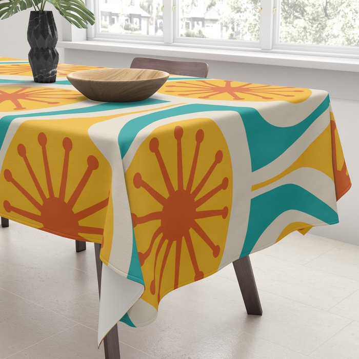 Mid Century Modern Atomic Drops Retro Pattern Turquoise Yellow Orange Tablecloth Gallery Image 3