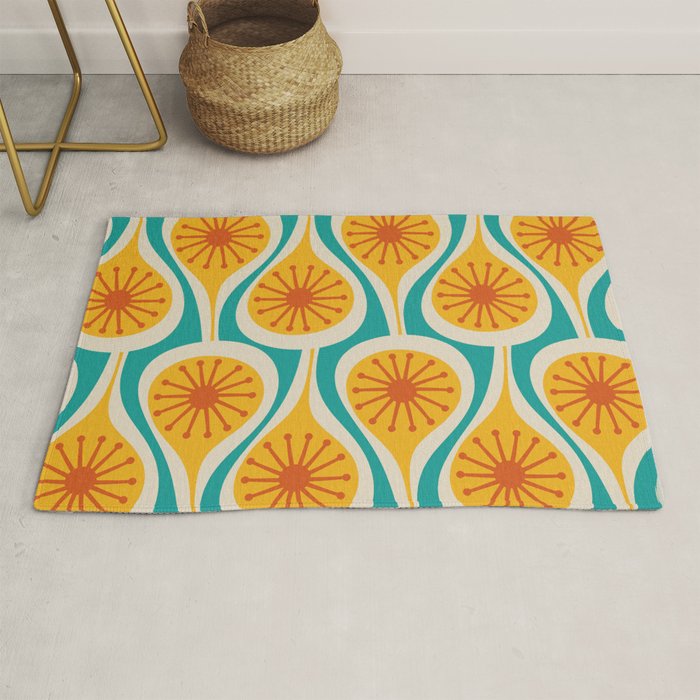 Mid Century Modern Atomic Drops Retro Pattern Turquoise Yellow Orange Rug Gallery Image 1