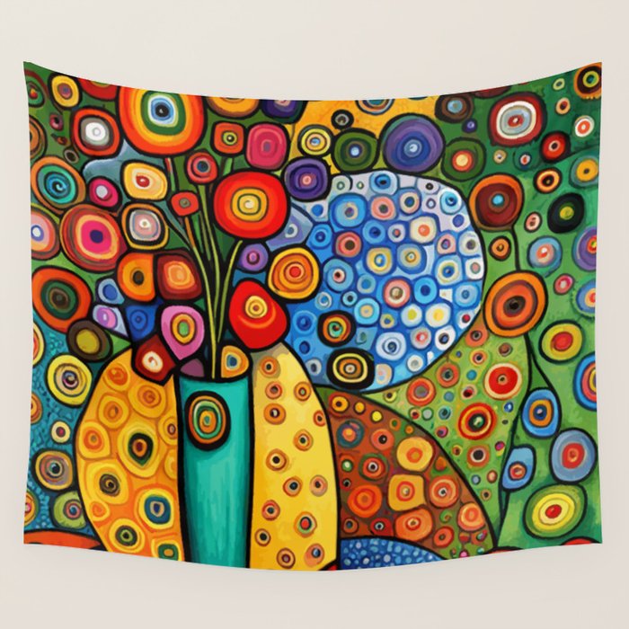 Colorful Flowers in a Green Vase Wall Tapestry Gallery Image 1