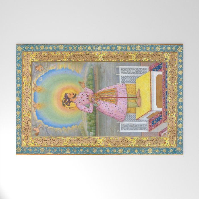 Shah Jahan on a Terrace, Holding a Pendant Set With HisAntique Indian Miniature Painted Illustration Welcome Mat Gallery Image 1