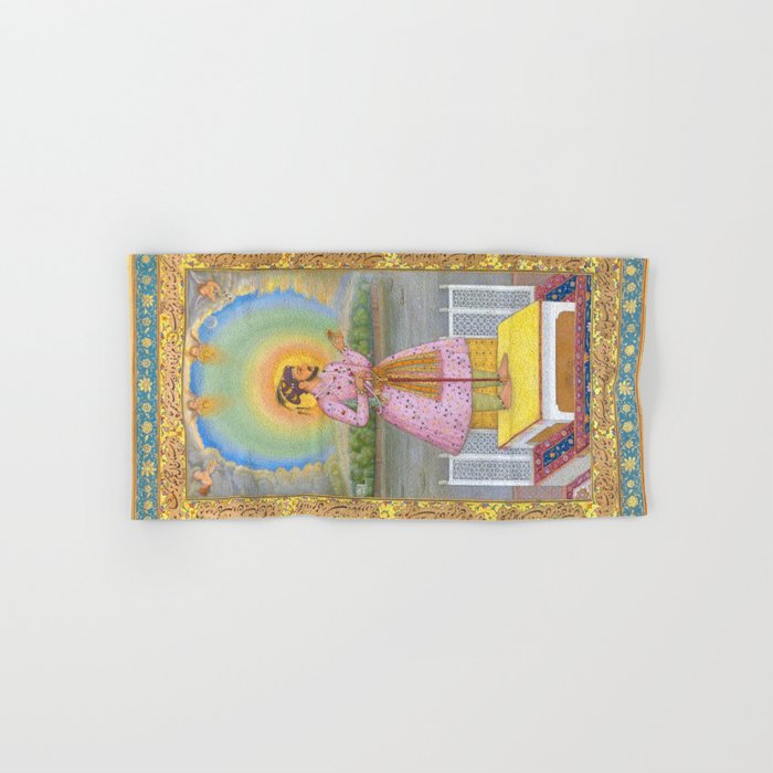 Shah Jahan on a Terrace, Holding a Pendant Set With HisAntique Indian Miniature Painted Illustration Bath Towel Gallery Image 1