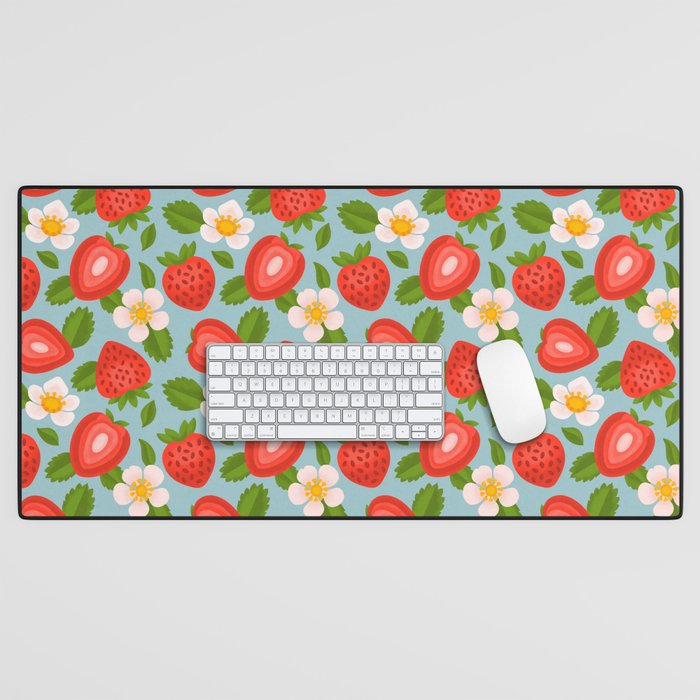 Strawberry Pattern on Sky Blue Desk Mat Gallery Image 1