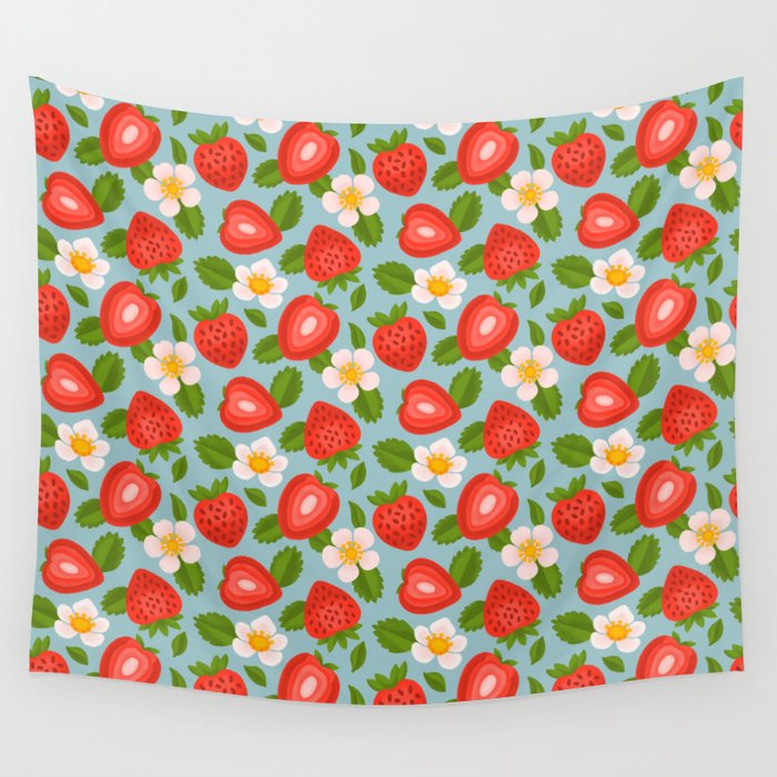 Strawberry Pattern on Sky Blue Wall Tapestry Gallery Image 1