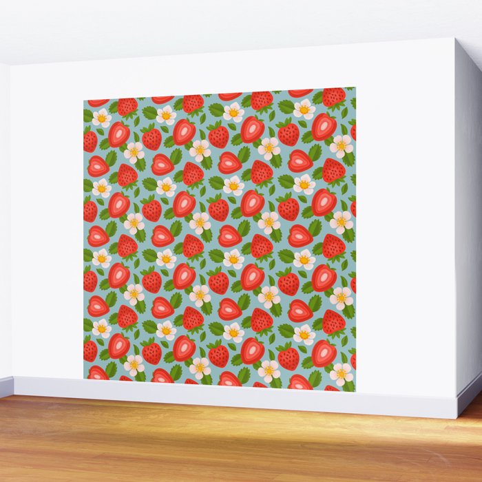 Strawberry Pattern on Sky Blue Wall Mural Gallery Image 2