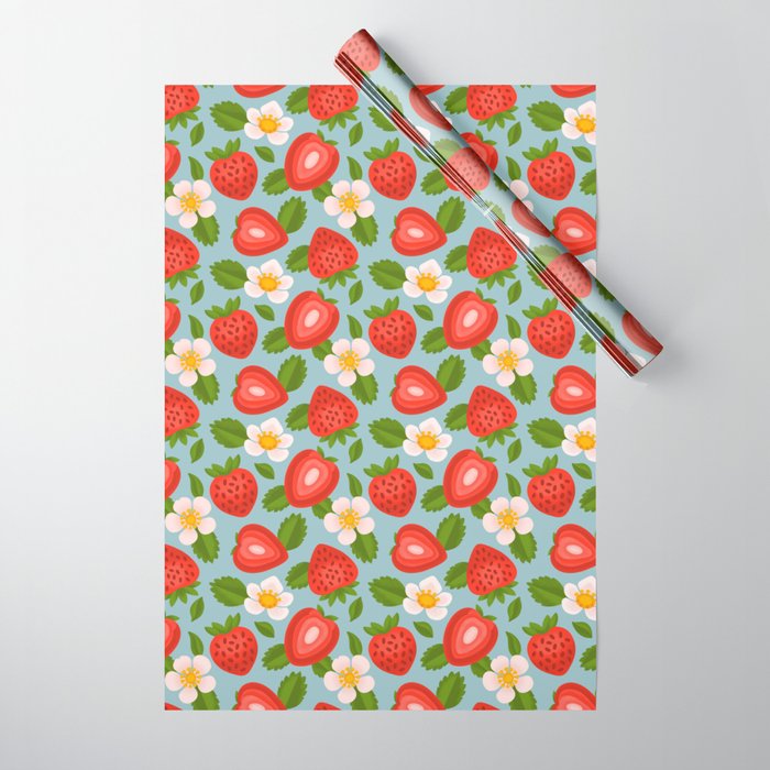 Strawberry Pattern on Sky Blue Wrapping Paper Gallery Image 1