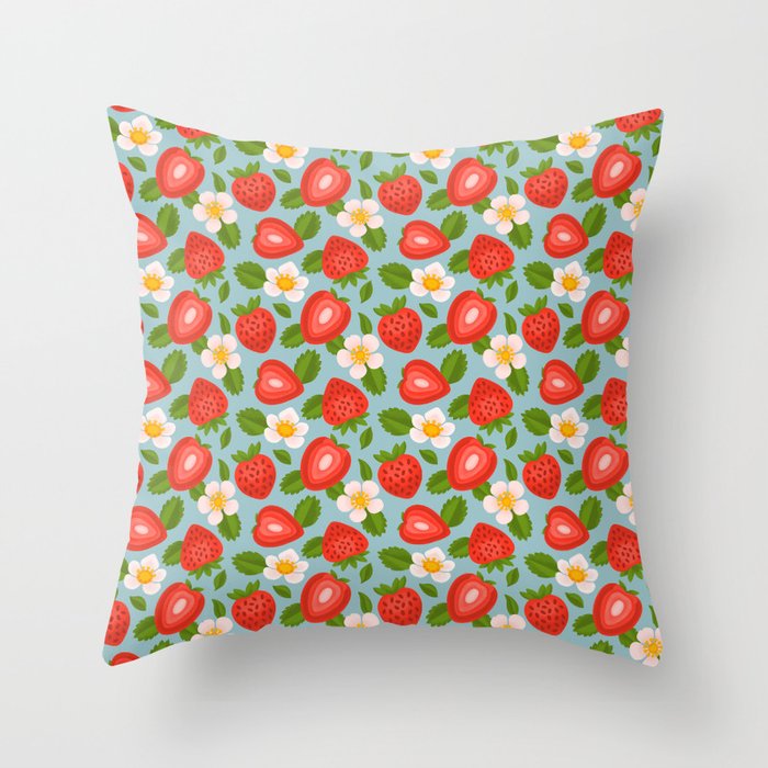 Strawberry Pattern on Sky Blue Throw Pillow Gallery Image 6