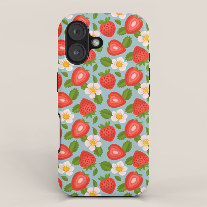 Strawberry Pattern on Sky Blue iPhone Case Gallery Image 1