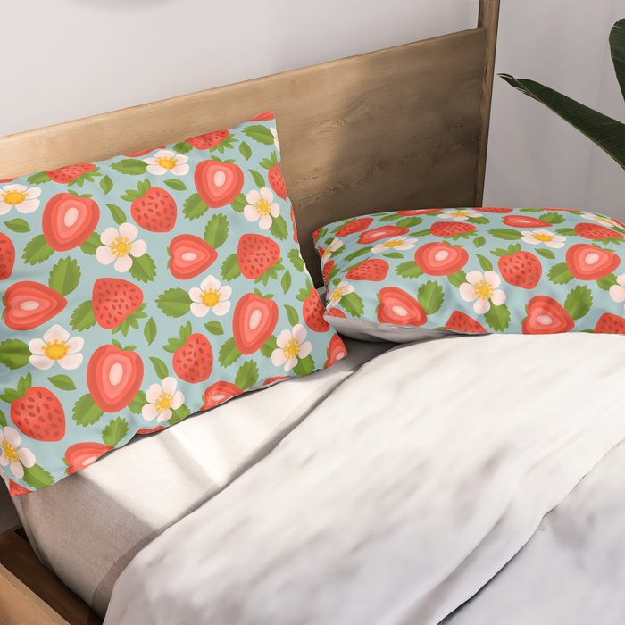 Strawberry Pattern on Sky Blue Pillow Sham Gallery Image 2