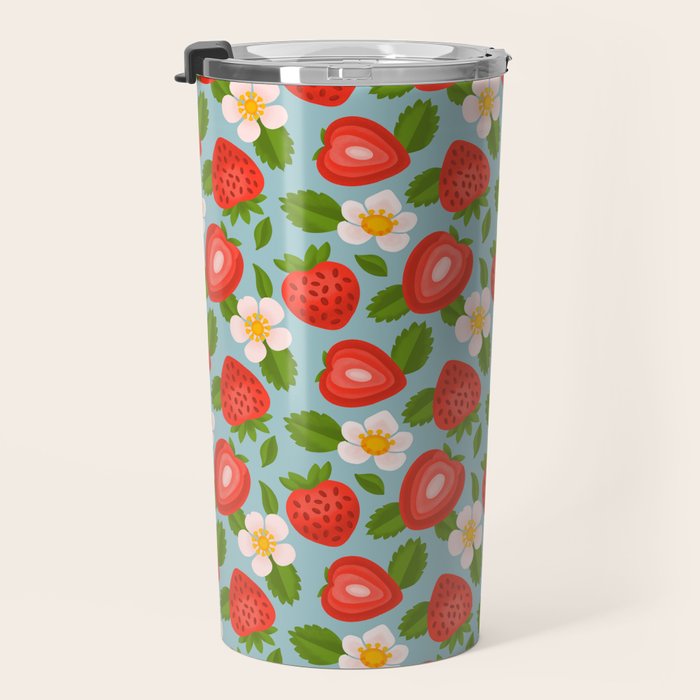 Strawberry Pattern on Sky Blue Travel Mug Gallery Image 3