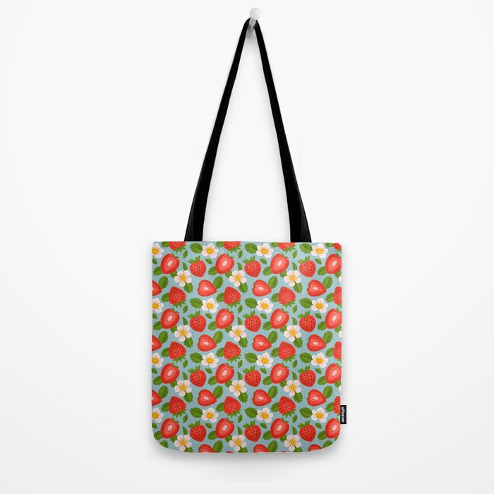 Strawberry Pattern on Sky Blue Tote Bag Gallery Image 2
