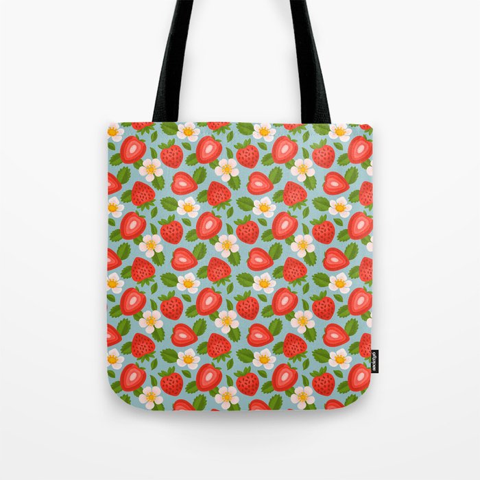 Strawberry Pattern on Sky Blue Tote Bag Gallery Image 1