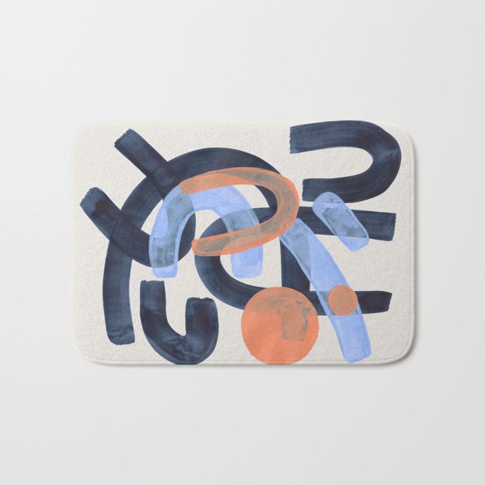 Midcentury Modern Minimalist Funky Cool Tribal Pattern Paynes Grey Pastel Blue Tan Shapes by Ejaaz Haniff Bath Mat Gallery Image 1