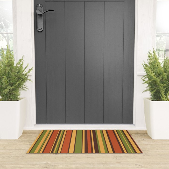 Retro Stripes - Mid Century Modern 50s 60s 70s Pattern in Green, Orange, Yellow, and Brown Welcome Mat Gallery Image 3