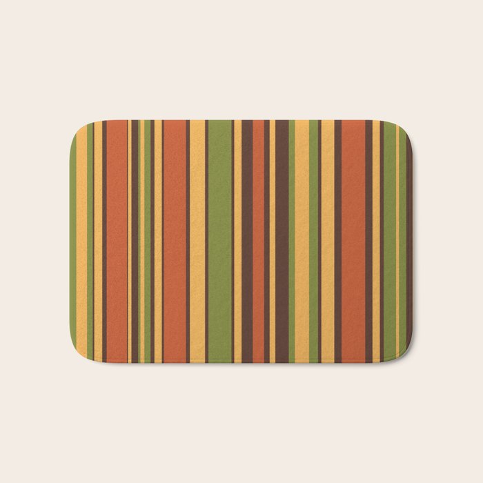 Retro Stripes - Mid Century Modern 50s 60s 70s Pattern in Green, Orange, Yellow, and Brown Bath Mat Gallery Image 1
