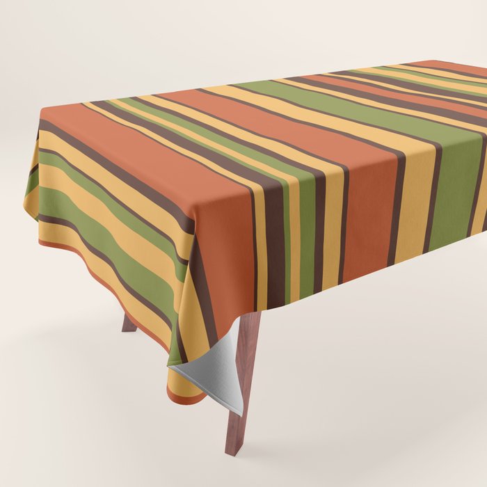 Retro Stripes - Mid Century Modern 50s 60s 70s Pattern in Green, Orange, Yellow, and Brown Tablecloth Gallery Image 1