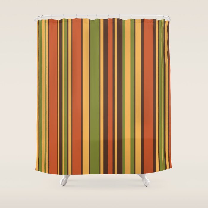 Retro Stripes - Mid Century Modern 50s 60s 70s Pattern in Green, Orange, Yellow, and Brown Shower Curtain Gallery Image 1