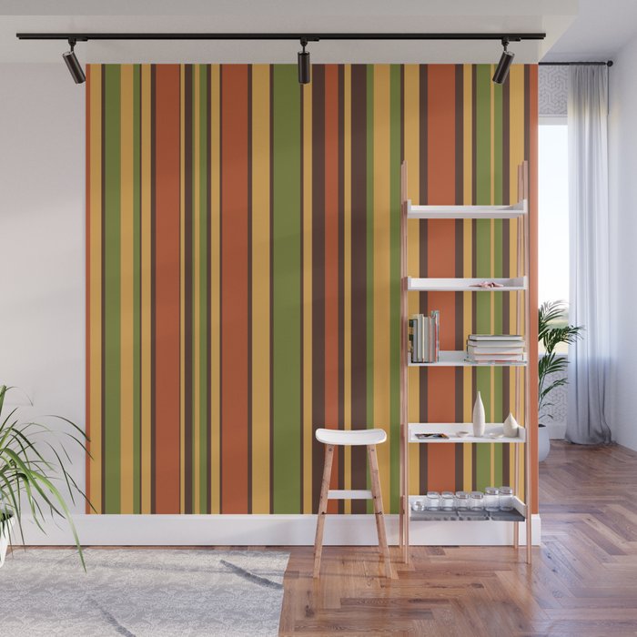 Retro Stripes - Mid Century Modern 50s 60s 70s Pattern in Green, Orange, Yellow, and Brown Wall Mural Gallery Image 1