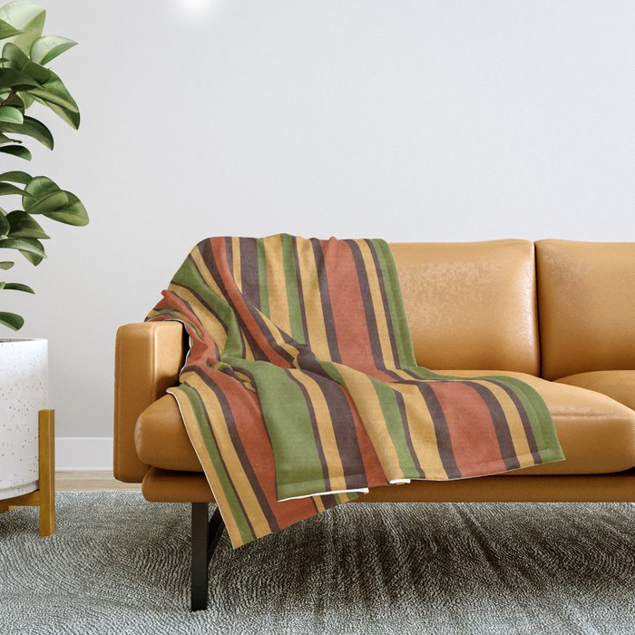 Retro Stripes - Mid Century Modern 50s 60s 70s Pattern in Green, Orange, Yellow, and Brown Throw Blanket Gallery Image 1