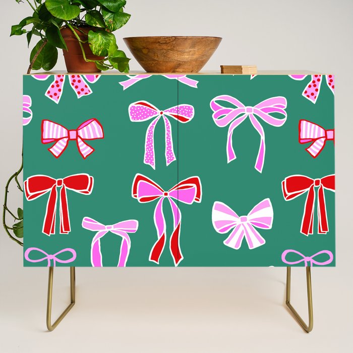 Festive Pink and Red Christmas Ribbons and Bows hand drawn Collection on Green Credenza Gallery Image 1