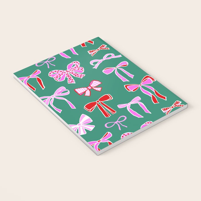 Festive Pink and Red Christmas Ribbons and Bows hand drawn Collection on Green Notebook Gallery Image 3