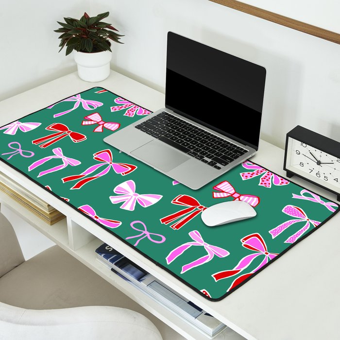 Festive Pink and Red Christmas Ribbons and Bows hand drawn Collection on Green Desk Mat Gallery Image 2