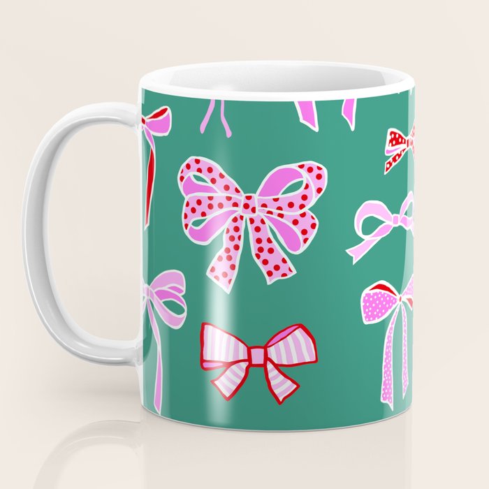 Festive Pink and Red Christmas Ribbons and Bows hand drawn Collection on Green Coffee Mug Gallery Image 3