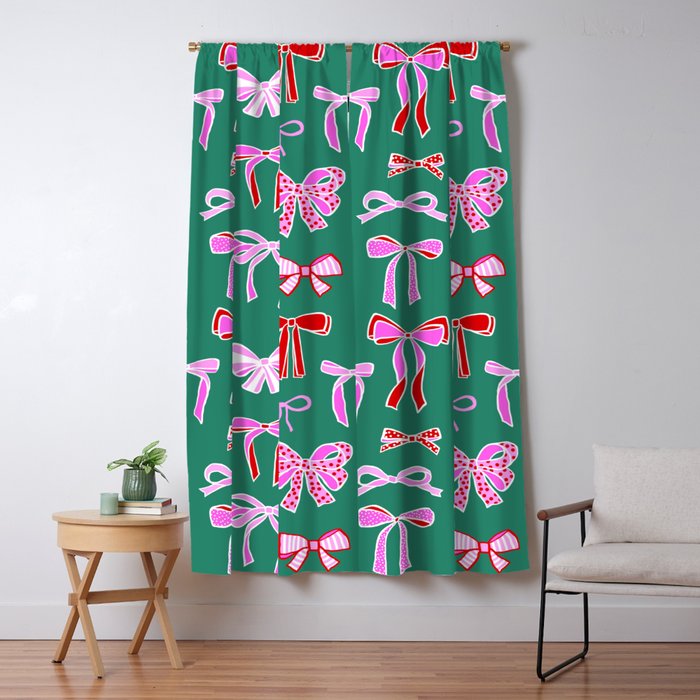 Festive Pink and Red Christmas Ribbons and Bows hand drawn Collection on Green Window Curtain Gallery Image 5