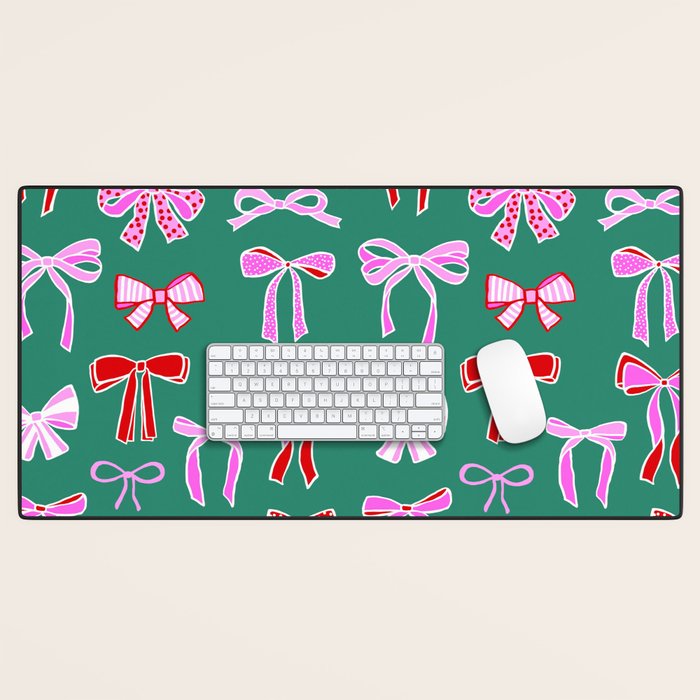 Festive Pink and Red Christmas Ribbons and Bows hand drawn Collection on Green Desk Mat Gallery Image 1