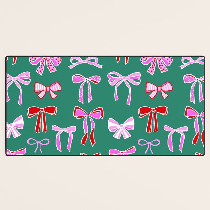 Festive Pink and Red Christmas Ribbons and Bows hand drawn Collection on Green Desk Mat Gallery Image 3